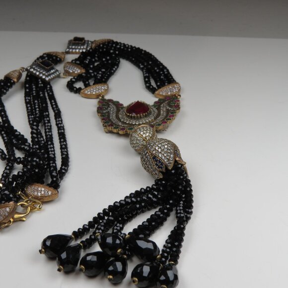 Faceted Black-Green -Red Onyx Necklace Hand made 36" long - Picture 2 of 11